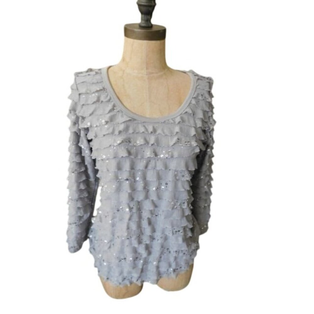 Slinky Brand Size XS Gray Ruffle Sequin STRETCH 3/4 Sleeve Top Blouse - Picture 2 of 3